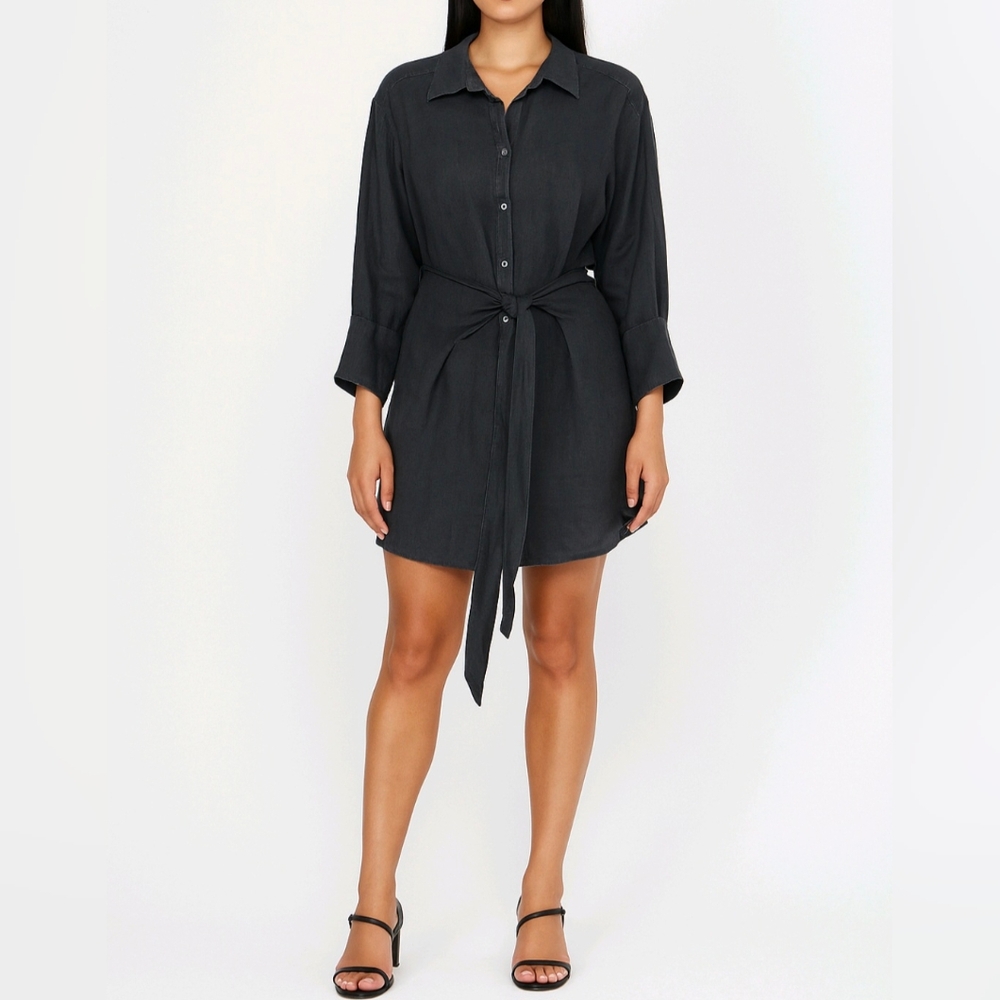 Go Silk Long Shirt 100% Linen Black Button Up Tie Front Long Sleeve Size 2X